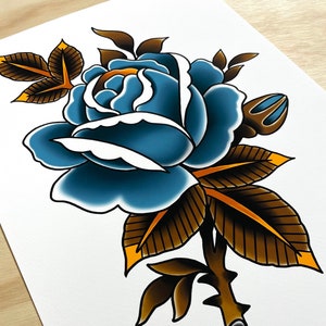 Tattoo Art Print Blue Rose, Traditional, Bright and Bold