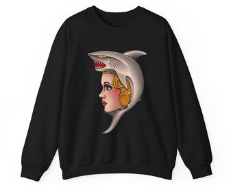 Artist Designed Shark Crewneck Sweatshirt | Tattoo Art Tee Unique Hand Drawn Tattoo Shark Design | Unisex Streetwear