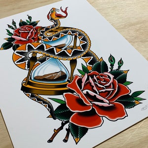 Tattoo Art Print | Artist Signed | Snake & Hourglass with Roses, Bright and Bold