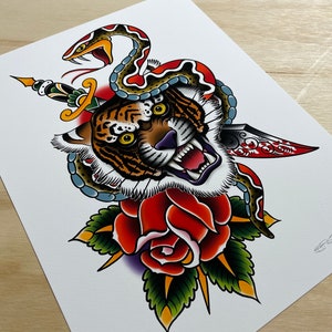 Tattoo Art Print | Artist Signed | Tiger Snake Rose, Bright and Bold