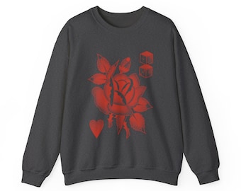 Sweatshirt ras du cou rose conçu par un artiste | T-shirt d'art de tatouage Conception unique de rose de tatouage dessiné à la main | Streetwear unisexe