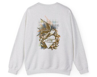 Künstler entworfenes Herz und Vogel-Sweatshirt mit Rundhalsausschnitt | Tattoo Art Tee Einzigartiges Hand gezeichnetes Tattoo Vogel Design | Unisex Streetwear