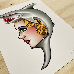Tattoo Art Print | Artist Signed | Shark & Lady, Traditional, Bright and Bold