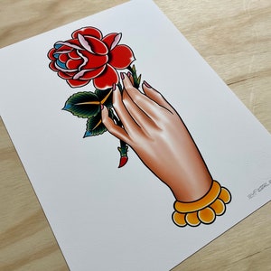 Tattoo Art Print | Artist Signed | Rose & Hand, Bright and Bold