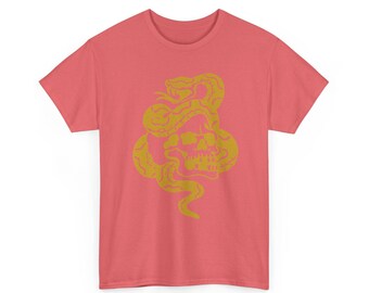 Konstnärsdesignad t-shirt med dödskalle och orm | Tatueringskonst-t-shirt Unik handritad tatuering med dödskalle och ormdesign | Unisex streetwear