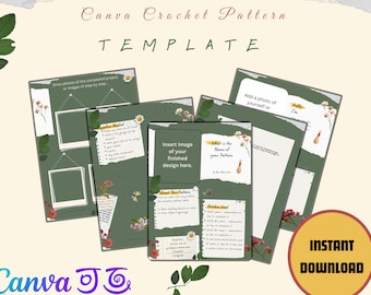 May include: A Canva template for crochet pattern designers. The template includes sections for the name of the pattern, supplies needed, stitch instructions, and a photo of the finished project. The template is decorated with floral illustrations and a green background.