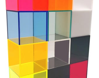 4x4x3 Clear & Colorful Acrylic Display Boxes Decorative Cube Stands, Tray Bin
