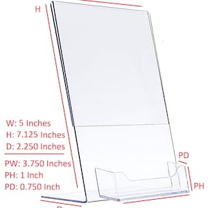 May include: Clear acrylic business card holder with a 5 inch wide by 7.125 inch high display area and a 3.75 inch wide by 1 inch high business card holder. The holder is 2.25 inches deep.