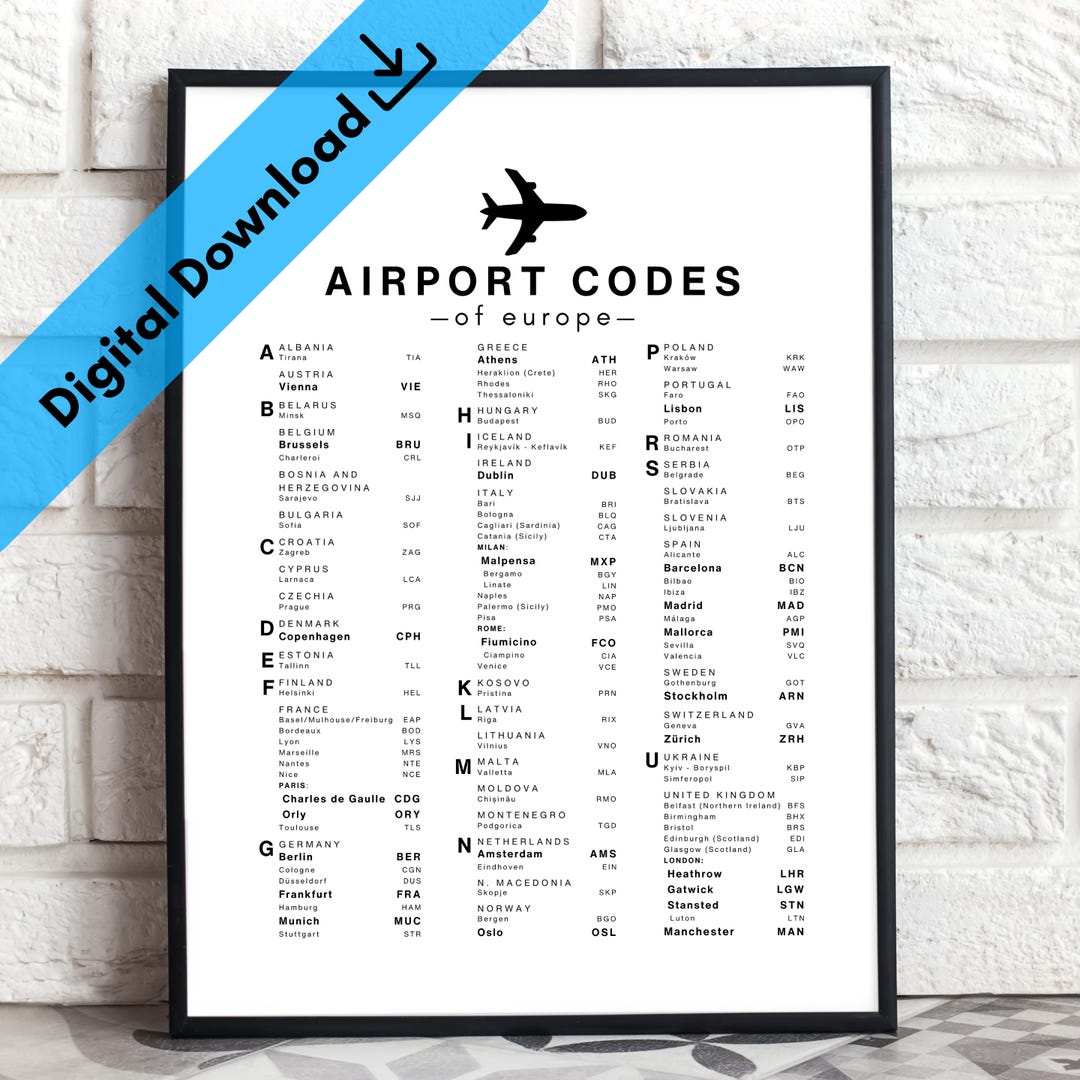 Digital Download Europe Airport Code Poster | Europe Travel Art - Etsy