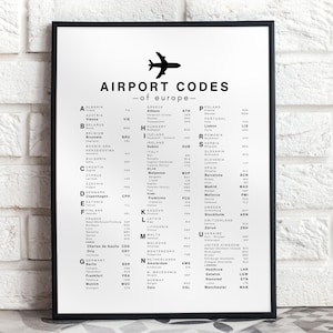 Flughafen-Code-Poster für Europa | Wanddeko für Reisende | Reisegeschenk