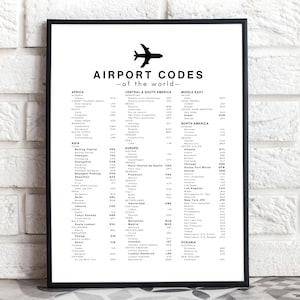 May include: A black and white framed print detailing airport codes globally. The poster is divided by continent, with each airport code and city name listed. An airplane graphic sits at the top. The print is ideal for travel enthusiasts.