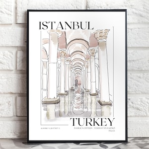 Desenho de linha aquarela da Cisterna da Basílica de Istambul | Arte de linha minimalista | Cartaz de viagem à Turquia | Arte em aquarela de Istambul