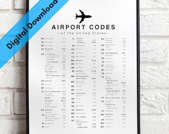 Póster digital con código de aeropuerto de EE. UU. / Arte mural de viajes a Estados Unidos / Regalo de viaje