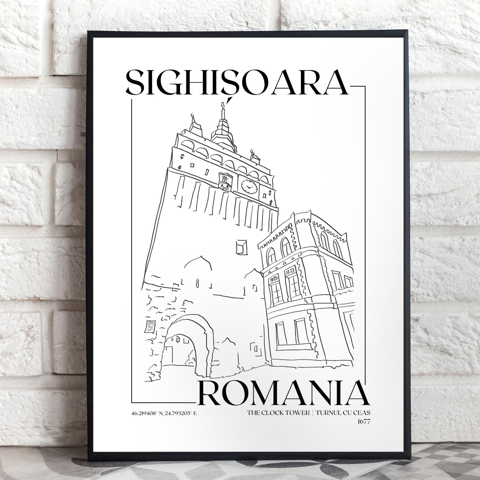 Sighișoara Clock Tower Line Art Print | Romania Travel Poster - Etsy