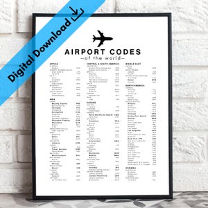 May include: A black framed print featuring a list of airport codes from around the world. The poster includes a black airplane graphic and the words "AIRPORT CODES - of the world-". The text is in black on a white background.