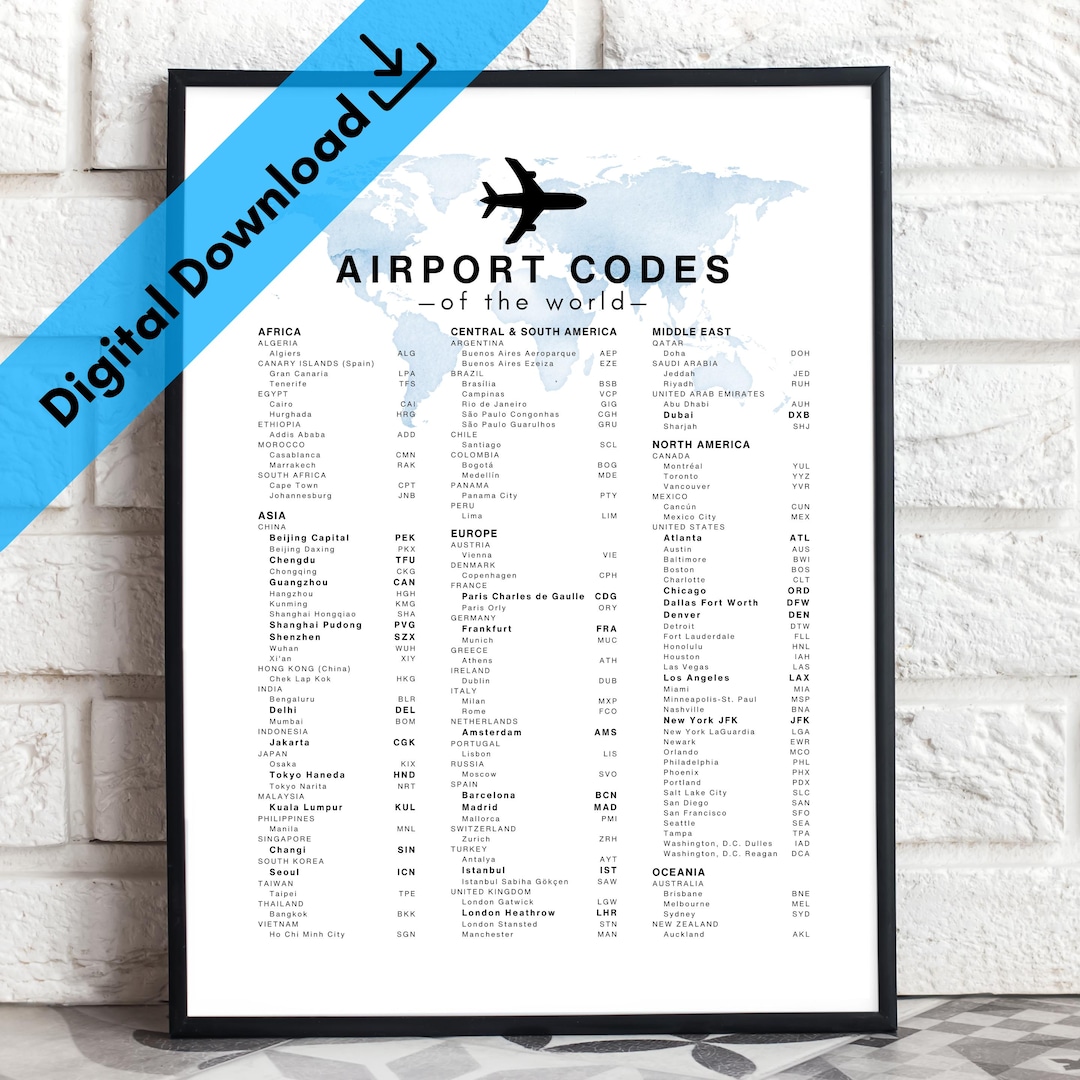 Digital Download World Airport Codes With Map Poster | World Travel Art