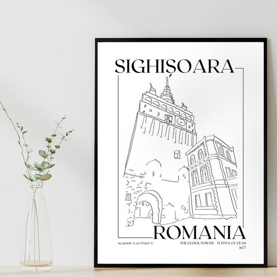 Sighișoara Clock Tower Line Art Print | Romania Travel Poster - Etsy