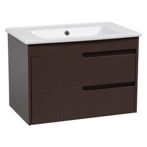May include: A dark brown bathroom vanity with two drawers and a white ceramic sink.