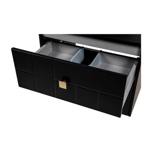 May include: A black drawer with a gold square handle is open, revealing a grey interior with two smaller compartments.