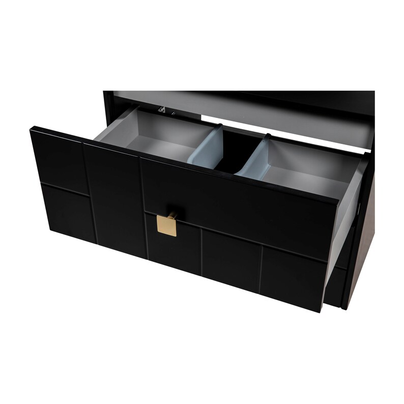 May include: A black drawer with a gold square handle is open, revealing a grey interior with two smaller compartments.