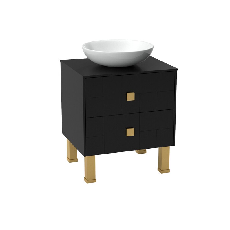 May include: Black bathroom vanity with two drawers and gold hardware. The vanity has a white ceramic sink on top and gold legs.