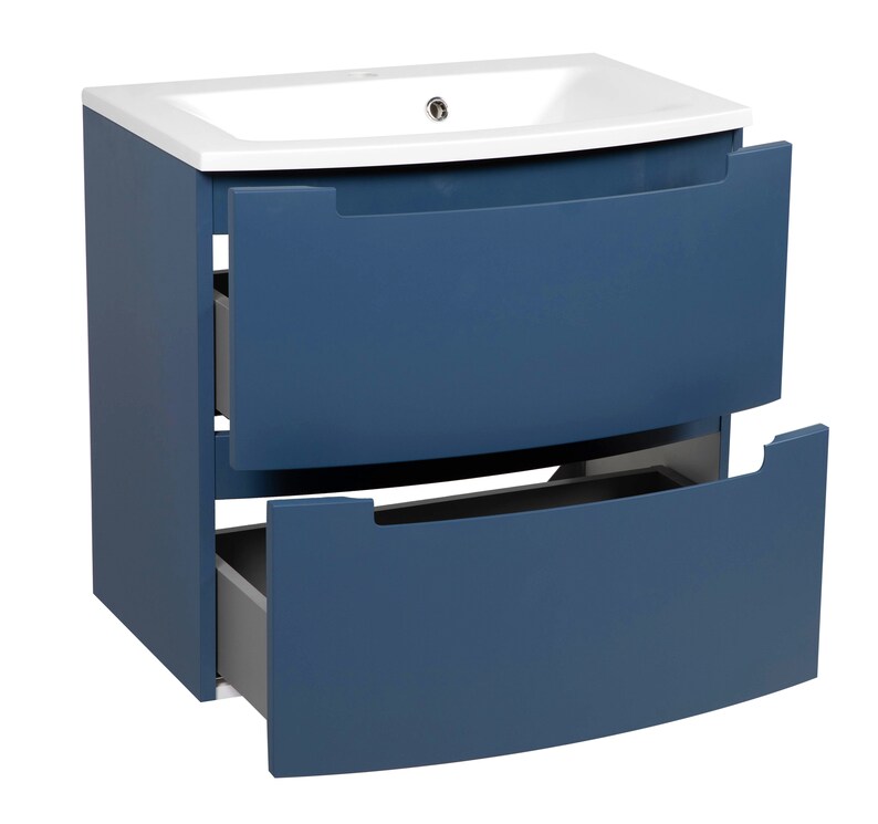 Puede incluir: Un tocador de ba&ntilde;o azul con dos cajones. El caj&oacute;n superior est&aacute; abierto y el caj&oacute;n inferior est&aacute; cerrado. El tocador tiene un lavabo de cer&aacute;mica blanca.