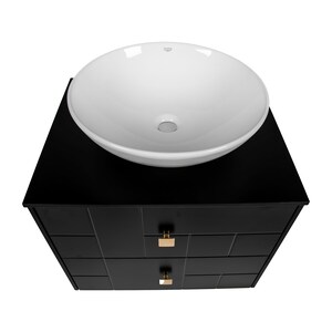 May include: Black bathroom vanity with three drawers and gold-toned hardware. A white ceramic vessel sink sits on top of the vanity.