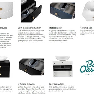 May include: A black bathroom vanity with a white ceramic sink and soft-close drawers. The vanity features a metal bracket for wall mounting and a smooth finish. The vanity is labelled "Bath Oasis Vanity Comfort".