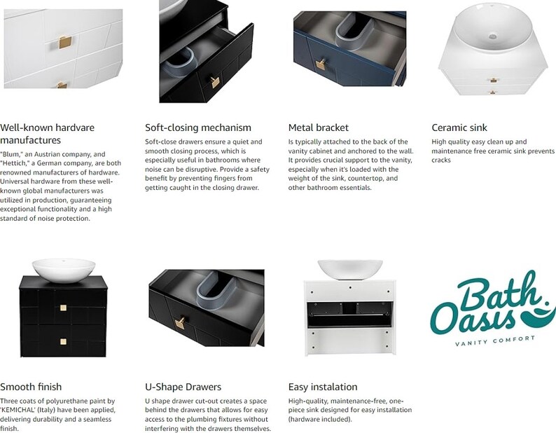 May include: A black bathroom vanity with a white ceramic sink and soft-close drawers. The vanity features a metal bracket for wall mounting and a smooth finish. The vanity is labelled "Bath Oasis Vanity Comfort".