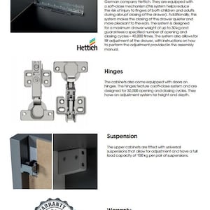 K&ouml;nnte beinhalten: Vorteile von modularen K&uuml;chenschr&auml;nken mit Soft-Close-Schubladen, Scharnieren und Aufh&auml;ngesystemen. Die Schr&auml;nke sind mit Hettich-Beschl&auml;gen ausgestattet, die f&uuml;r ihre Qualit&auml;t und Langlebigkeit bekannt sind. Der Text hebt die Eigenschaften der Schr&auml;nke hervor, darunter die maximale Tragf&auml;higkeit der Schubladen und die Anzahl der &Ouml;ffnungs- und Schlie&szlig;zyklen f&uuml;r die Scharniere.