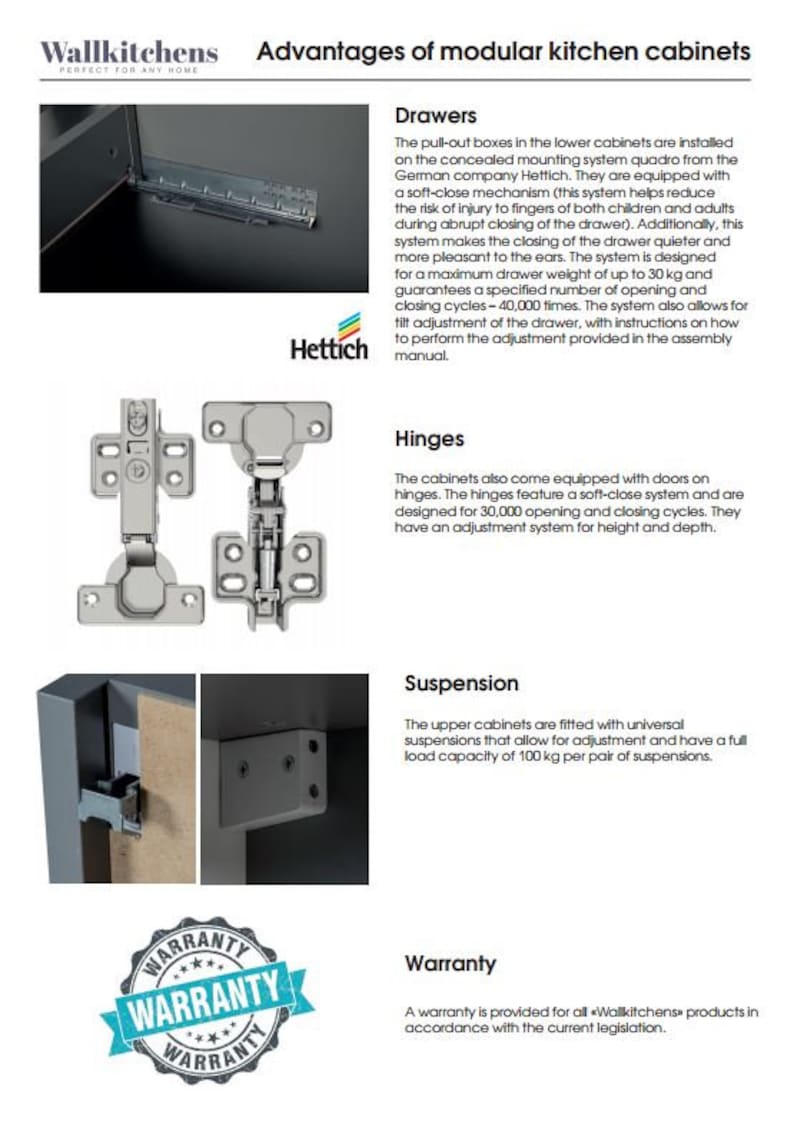 K&ouml;nnte beinhalten: Vorteile von modularen K&uuml;chenschr&auml;nken mit Soft-Close-Schubladen, Scharnieren und Aufh&auml;ngesystemen. Die Schr&auml;nke sind mit Hettich-Beschl&auml;gen ausgestattet, die f&uuml;r ihre Qualit&auml;t und Langlebigkeit bekannt sind. Der Text hebt die Eigenschaften der Schr&auml;nke hervor, darunter die maximale Tragf&auml;higkeit der Schubladen und die Anzahl der &Ouml;ffnungs- und Schlie&szlig;zyklen f&uuml;r die Scharniere.