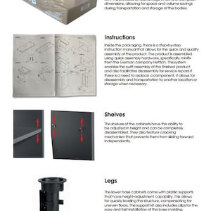 K&ouml;nnte beinhalten: Vorteile von modularen K&uuml;chenschr&auml;nken. Die Produktk&ouml;rper werden zerlegt und in Kartonverpackungen verpackt, die mit einer Schutzfolie abgedeckt sind. Dies bietet einen Vorteil in Bezug auf kompakte Abmessungen, wodurch Platz und Volumen bei Transport und Lagerung der K&ouml;rper eingespart werden. In der Verpackung befindet sich eine Schritt-f&uuml;r-Schritt-Anleitung, die eine schnelle und qualitativ hochwertige Montage des Produkts erm&ouml;glicht. Das Produkt wird mit Schnellmontagesystemen, insbesondere Minifix der deutschen Firma Hettich, montiert. Dieses System erm&ouml;glicht die schnelle Montage des fertigen Produkts und erleichtert auch die Demontage f&uuml;r Servicereparaturen, falls ein Bauteil ausgetauscht werden muss. Es erm&ouml;glicht die Demontage und den Transport an einen anderen Ort oder eine andere Lagerst&auml;tte, wenn dies erforderlich ist. Die Regalb&ouml;den der Schr&auml;nke k&ouml;nnen in der H&ouml;he verstellt werden und lassen sich vollst&auml;ndig demontieren. Sie verf&uuml;gen au&szlig;erdem &uuml;ber einen Verriegelungsmechanismus, der verhindert, dass sie nach vorne rutschen. Die unteren Unterschr&auml;nke werden mit Kunststoffst&uuml;tzen geliefert, die eine H&ouml;henverstellung erm&ouml;glichen. Dies erm&ouml;glicht ein schnelles Nivellieren der Konstruktion, wodurch unebene B&ouml;den ausgeglichen werden. Das St&uuml;tzset enth&auml;lt auch Clips f&uuml;r die einfache und schnelle Installation der Sockelleiste.