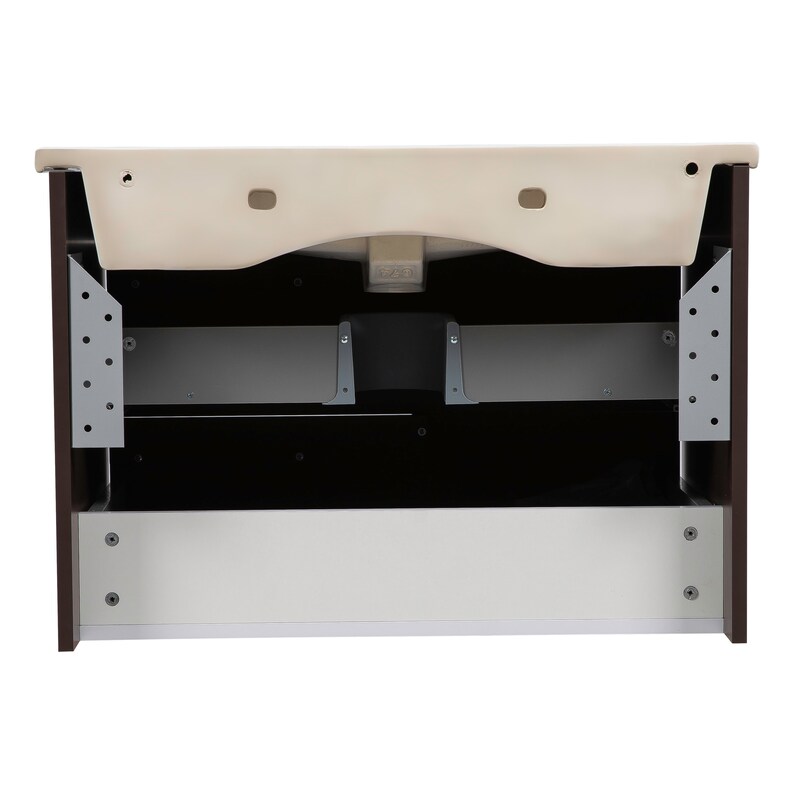 May include: A brown wooden vanity cabinet with a white porcelain sink and a white drawer. The cabinet has a black interior and a silver metal support structure.