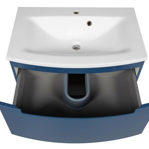 Puede incluir: Un lavabo de ba&ntilde;o de cer&aacute;mica blanca con un gabinete azul y un caj&oacute;n. El caj&oacute;n est&aacute; abierto y el interior es gris.