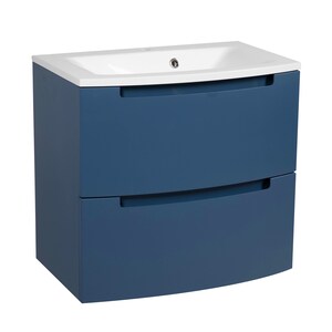 Puede incluir: Un tocador de ba&ntilde;o de pared con dos cajones en color azul oscuro. El tocador tiene un lavabo de cer&aacute;mica blanca con un borde curvo.