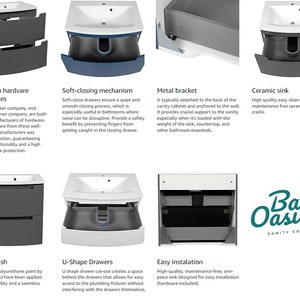 Puede incluir: Un tocador de ba&ntilde;o gris con dos cajones, un lavabo de cer&aacute;mica blanca y un soporte met&aacute;lico. El tocador tiene cajones de cierre suave y un acabado liso. El texto "Bath Oasis Vanity Comfort" es visible en la esquina inferior derecha de la imagen.