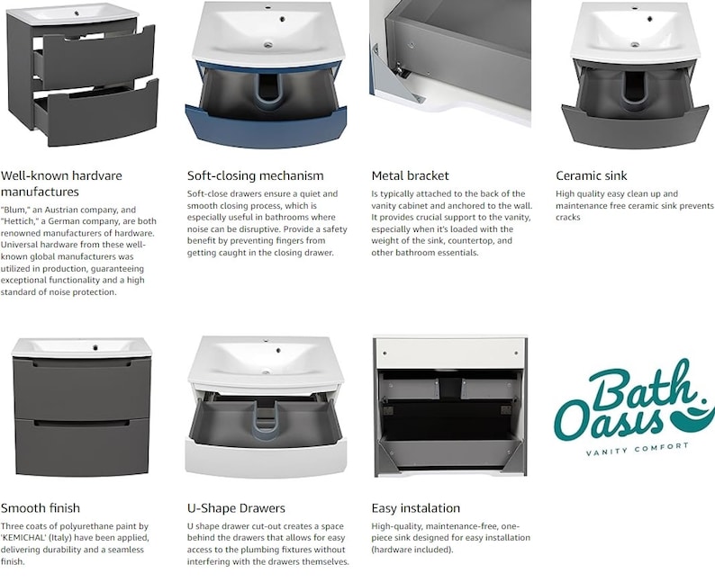 Puede incluir: Un tocador de ba&ntilde;o gris con dos cajones, un lavabo de cer&aacute;mica blanca y un soporte met&aacute;lico. El tocador tiene cajones de cierre suave y un acabado liso. El texto "Bath Oasis Vanity Comfort" es visible en la esquina inferior derecha de la imagen.