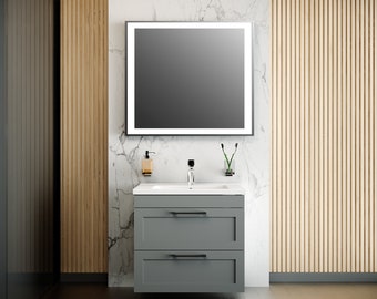 Mueble de baño moderno montado en la pared con lavabo / Colección Palm Beach Grey Matte / MDF no tóxico resistente al fuego