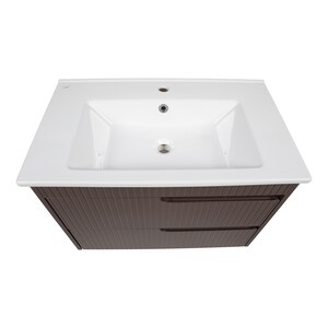 May include: A white ceramic bathroom sink with a single faucet and a brown wooden cabinet with two drawers.