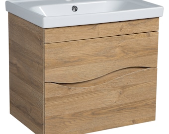 Modern Wall-Mounted Bathroom Vanity with Washbasin | Wave Teak Natural Collection | Non-Toxic Fire-Resistant MDF