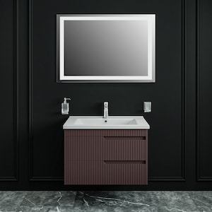 May include: A brown bathroom vanity with a white porcelain sink and a rectangular mirror with a white frame. The vanity has two drawers with vertical grooves and a chrome faucet.