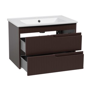 May include: A brown bathroom vanity with two drawers and a white ceramic sink.