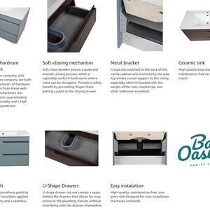 May include: A bathroom vanity with a light blue cabinet, a white ceramic sink, and a chrome faucet. The vanity has two drawers with soft-close mechanisms and a metal bracket for wall mounting. The vanity is labeled "Bath Oasis Vanity Comfort".