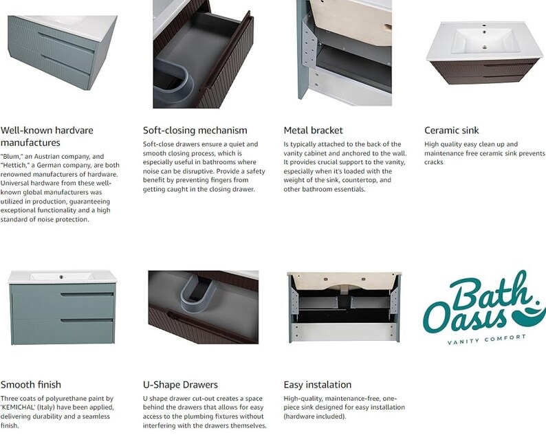 May include: A bathroom vanity with a light blue cabinet, a white ceramic sink, and a chrome faucet. The vanity has two drawers with soft-close mechanisms and a metal bracket for wall mounting. The vanity is labeled "Bath Oasis Vanity Comfort".
