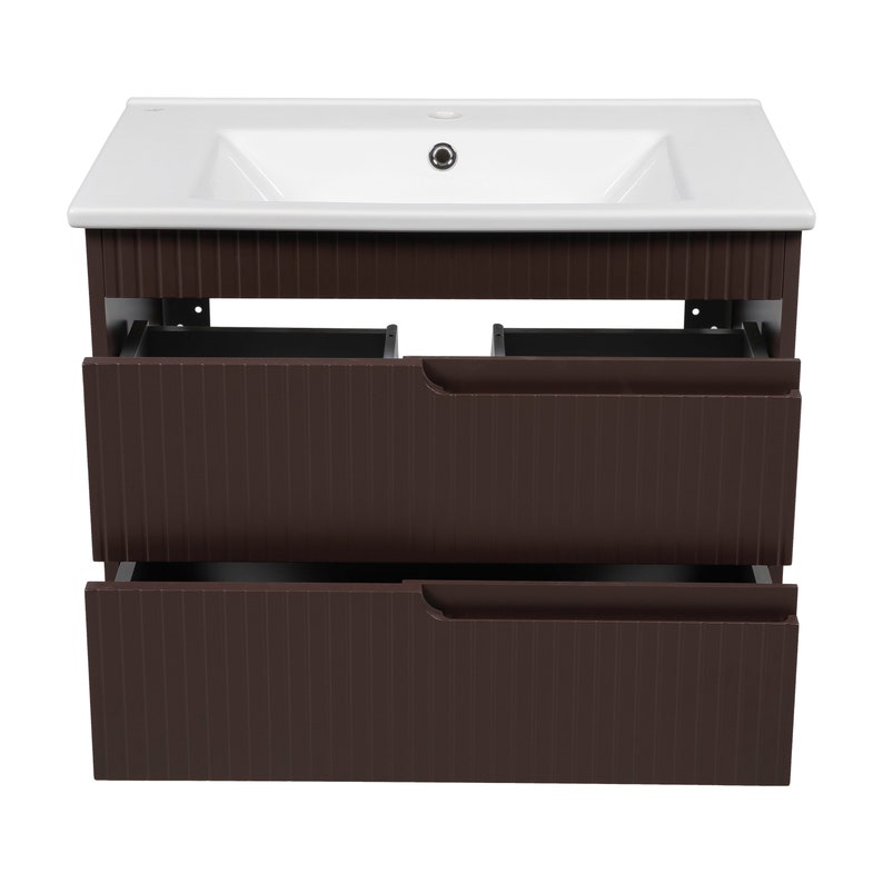 May include: A brown bathroom vanity with two drawers and a white ceramic sink. The vanity has a wood grain finish and the drawers have metal pulls.