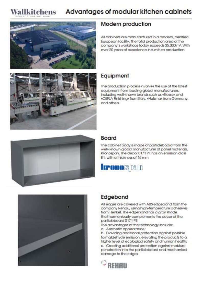 K&ouml;nnte beinhalten: Vorteile von modularen K&uuml;chenschr&auml;nken, einschlie&szlig;lich moderner Produktion, verwendeter Ausr&uuml;stung, Plattenmaterial und Kantenbanddetails. Der Text hebt die Verwendung hochwertiger Materialien und Fertigungsprozesse hervor.