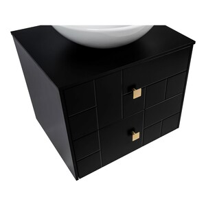 May include: Black bathroom vanity with two drawers and gold square drawer pulls. The vanity has a white ceramic sink on top.
