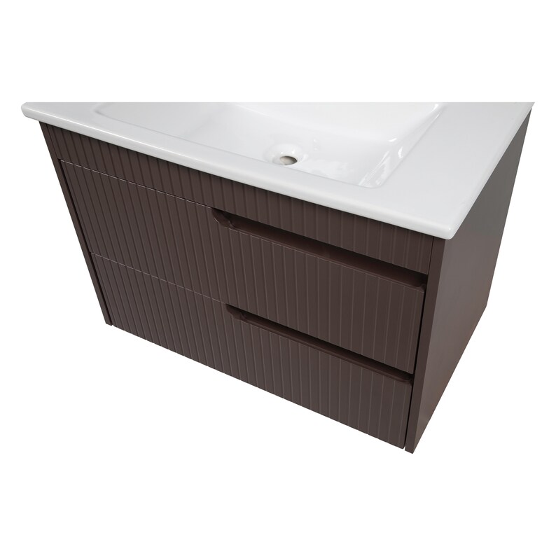 May include: A brown bathroom vanity with two drawers and a white ceramic sink.