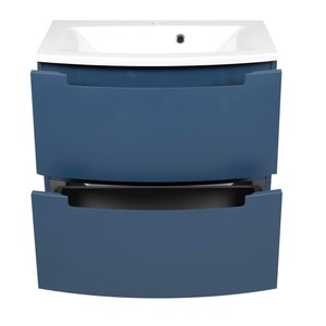 Puede incluir: Un tocador de ba&ntilde;o azul con dos cajones y un lavabo de cer&aacute;mica blanca. Los cajones tienen bordes curvos y un dise&ntilde;o moderno.