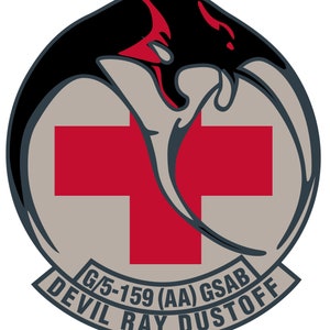 May include: A gray and black circular patch with a red cross and a stylized black devil ray. The text "G/5-159 (AA) GSAB DEVIL RAY DUSTOFF" is written in a curved arc around the bottom of the patch.